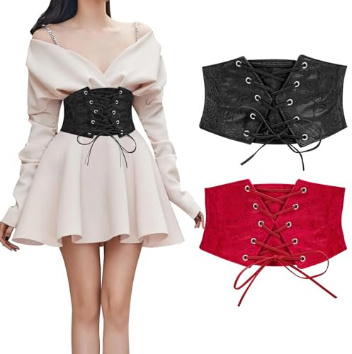 WERFORU 2 Pièces Femmes Taille Corset Ceinture Attachée Waspie Ceinture Halloween Élastique Larges Ceintures pour Robes Noir/Rouge