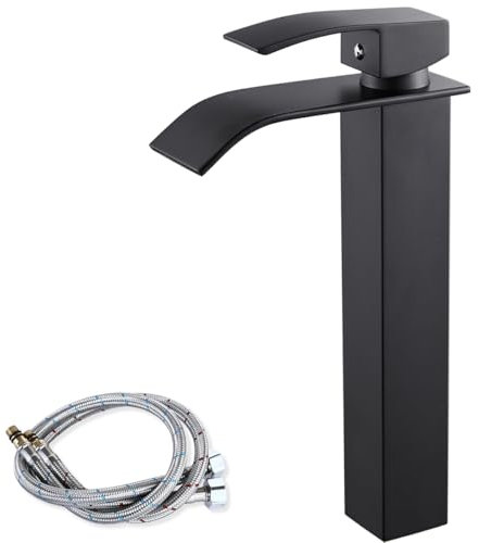 Maynosi Waschtischarmatur Hoch, Wasserfall Wasserhahn Waschbecken für Badezimmer, Mischbatterie Armatur mit Auslauf Höhe 215 mm, Einhandmischer Waschtischarmaturen, Moderner Stil (Mattschwarz)