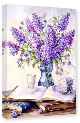 CXHOSTENT Lila Lavendel-Leinwand-Kunst Florale Bilder Wanddekoration Rustikale Blumen- und Bücher-Malerei Druck Schlafzimmer-Dekor Rahmen (Lavendel - 2, 30.00 x 45.00 cms)