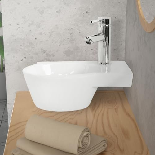 ML-Design Lavabo in Ceramica Bianco per Bagno 375x190x140 mm Lavandino Angolare da Appoggio e Montaggio a Parente con Foro per Rubinetto a Destra e Scarico Standard Lavamani Sanitari Design Moderno