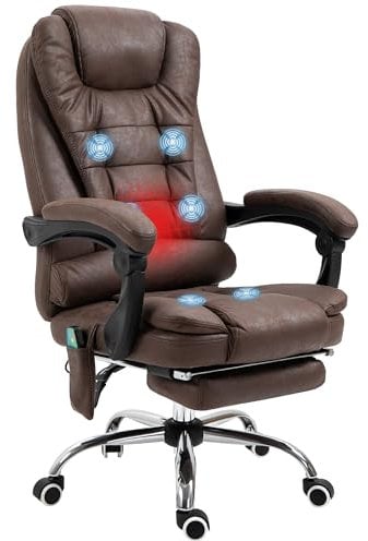 Vinsetto Fauteuil de Bureau massant et Chauffant, Chaise de Bureau Ergonomique Hauteur réglable, Dossier inclinable, Repose-Pieds, télécommande Filaire, pivotant 360°, Tissu en Microfibre, Marron