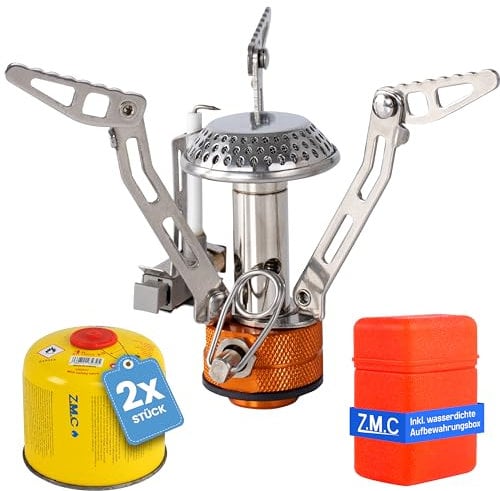 Z.M.C Mini réchaud de camping pliable 3200 W + boîte de transport + 2 cartouches de gaz de 300 g - Réchaud à gaz de camping pliable avec allumage piézoélectrique