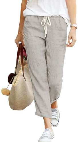 Hose Damen Leinen Sommerhose 7/8 Casual Leichte Baumwolle Leinenhose Stoffhose Bequeme Luftige Freizeithose Strandhose Mit Taschen (Grau, L)