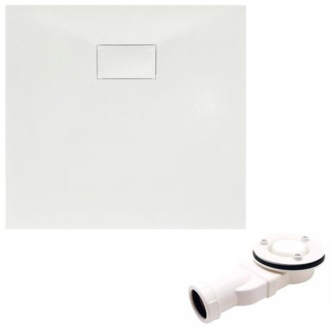 KOLMAN Duschwanne 80x80 cm Quadratisch, Weiß, Komposit, Flach, Steinoptik, Ablaufgarnitur Ø 90 mm, Design-Duschtasse Viereck VIDAR SLIM