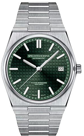 SPECHT&SOHNE Weinrote mechanische Armbanduhr NH35 Automatikuhren, Saphirglas, 37 mm, Edelstahl, wasserdicht, silbergrün, Classic
