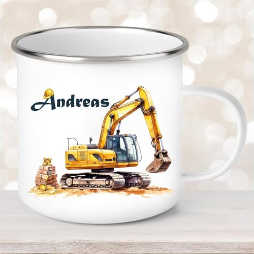 Tasse Wunschname Baustelle Bagger Emaille Kinderbecher