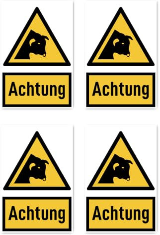 Aufkleber: 150x100 mm, 4 Stück - Signalwort Achtung vor Stier - Warnzeichen mit Text (deutsch) (gelb/schwarz) - hochkant - W034 - DIN EN ISO 7010 / ASR A1.3