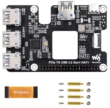 Coolwell for Raspberry Pi 5 PCIe to USB 3.2 Gen1 HAT PCIe to USB HUB Module with 4X High Speed USB Ports Driver-Free Reserved Cooling Fan Hole