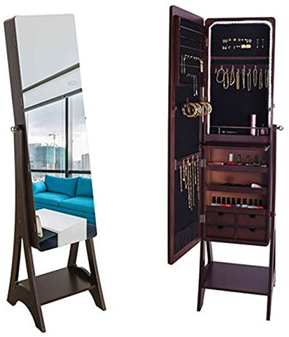 Armoire à bijoux avec miroir de sol,miroir de toilette simple pour tout le corps,lumière LED,armoire de rangement pour cosmétiques et bijoux pour chambre à coucher(couleur:marron,taille:156x38x40cm)