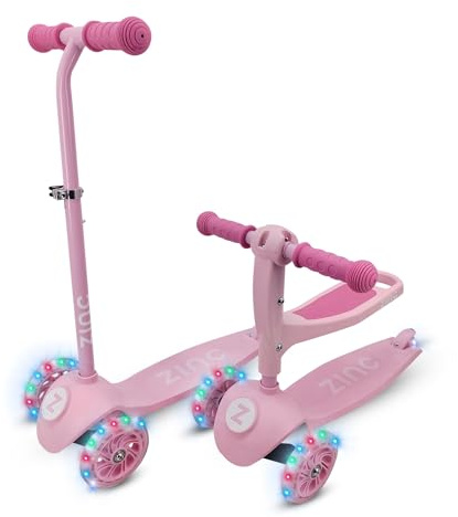 Zinc 3-in-1 Kinderroller für Kinder ab 1 Jahr – Verstellbarer 3-Rad-Roller mit abnehmbarem Sitz, Lean-’n’-Steer-Steuerung, Hinterrad-Fußbremse und leuchtenden Rädern – Perfekt für Kleinkinder