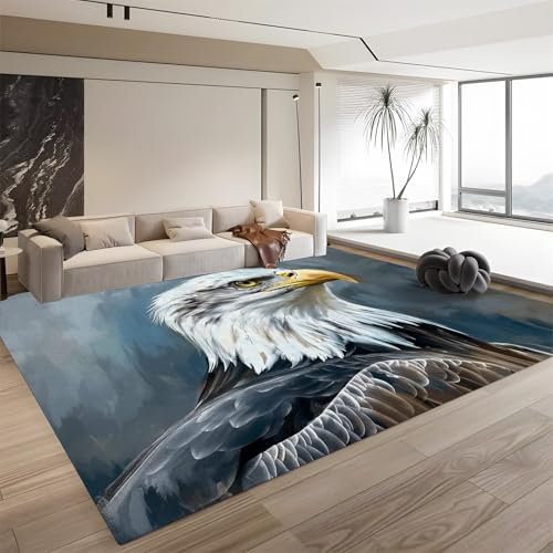 Leicht zu reinigender, zotteliger, weicher Teppich für das Wohnzimmer mit Tiergeier-Muster, Adler-Ölgemälde-Stil, 160 cm x 230 cm, maschinenwaschbar mit rutschfester Rückseite, für Jugendzimmer,
