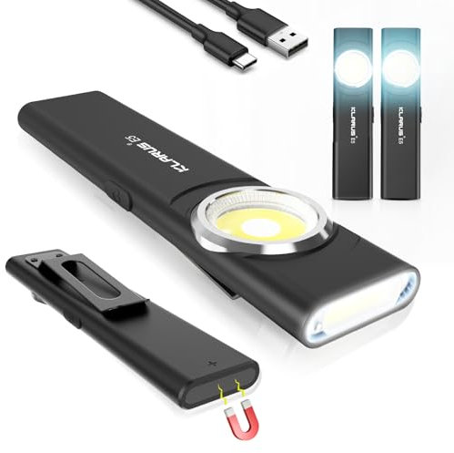 klarus 2 Packs E5 Lampe de travail COB rechargeable USB C, mini lampe de poche plate EDC de 600 lumens avec base magnétique et clip à boucle,Convient pour l'entretien, le camping, la randonnée (Noir)