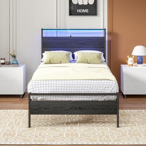 HOJINLINERO 3ft Single Bed Frame with Headboard & LED Lights,Black Metal Platform Bed Frame with Charging Station,Mattress Base/UnderBed Storage/Strong Slats Support/Easy Assembly for Adult Boys