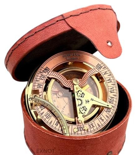 EXNOT Vintage Brass Sundial Compass with Copper Dial in Leather Case, Steampunk, Vintage Compass, Copper Sun Clock in Box Gifts for Anniversary and Special Occasions.