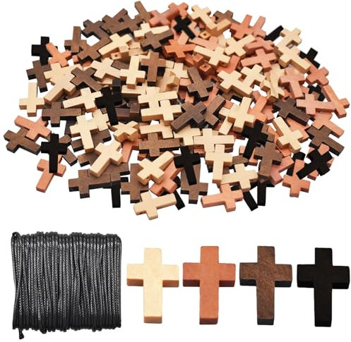 Saijer Holz Kreuz Anhänger,200 Stück Holzkreuz Streuartikel Taufe Verzierung 4 Farbe Segen Kreuz Charm für DIY Halskette Schmuck Zubehör Taufe