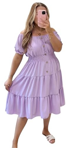 Women’s Magic Button Midi Dress Plain Casual Short Sleeve Elasticated Off Shoulder Sundress Swing Basic Italian Solid Color Summer Dress for Women Plus Size UK 12-24