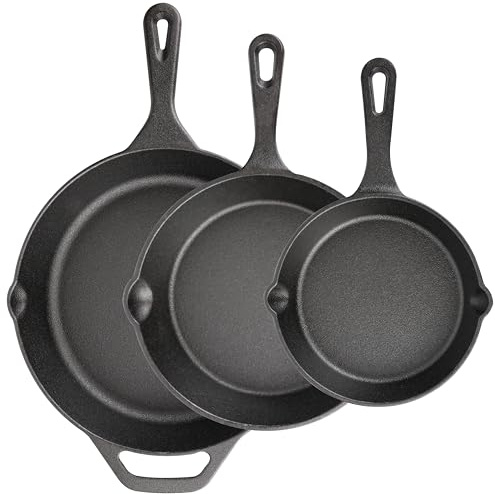 Cast Iron Skillet 3-Piece Set, 6, 8, 10 Frying Pans, Heavy-Duty Pre-Seasoned Pan Cookware Set, For Frying, Saute, Cooking, Pizza & More, Black