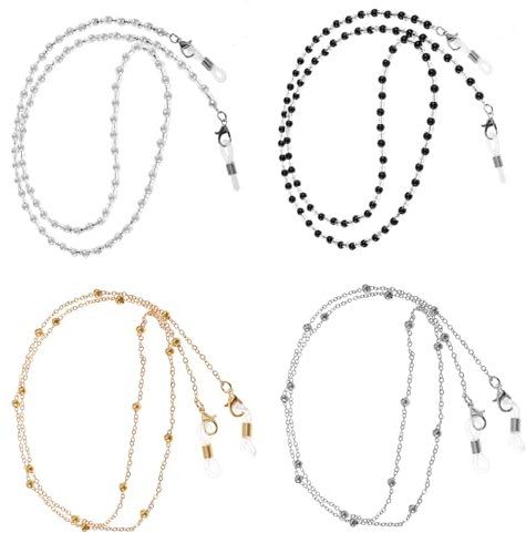 Tucnoeu 4 Stück Brillenkette Perlen Brillen Kette - Elegante Anti-Verlust-Kette für Damen mit Lobster-Clips (Schwarz, Weiß, Gold, Silber)