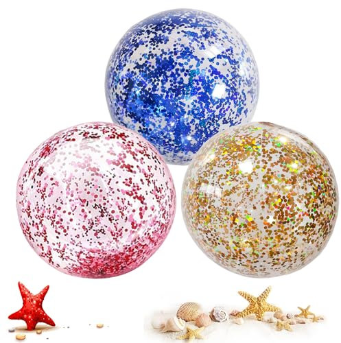LUMOOM 3 Stück Aufblasbare Glitzer Wasserbälle, Strandball, Tauchbälle 30cm, Glitter Schwimmbad Party Ball, Transparenter Wasserball Kinder, Aufblasbarer Ball für Baby Beach Kinder