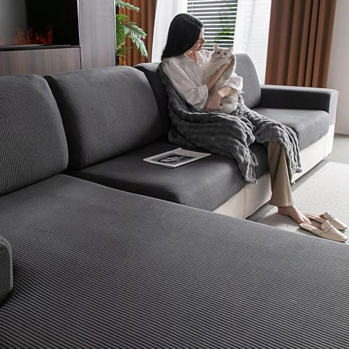 OHSIO Stretch Sofa Überzug - Rutschfester Sofa Sitzkissenbezug | Waschbarer Sofabezug, strapazierfähig & pflegeleicht – Möbelschutz(Dunkelgrau, 1x Sitzbezug S)