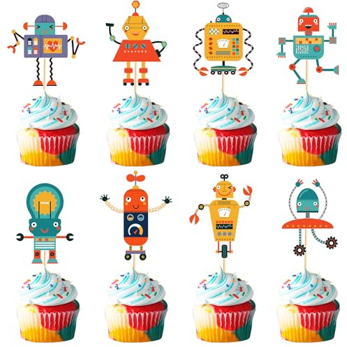 Arthsdite 24 Stück Roboter Cupcake Toppers Roboter Kuchen Dekorationen für Roboter Geburtstag Party Dekorationen Geburtstag für Jungen Gear Roboter Baby Shower Supplies