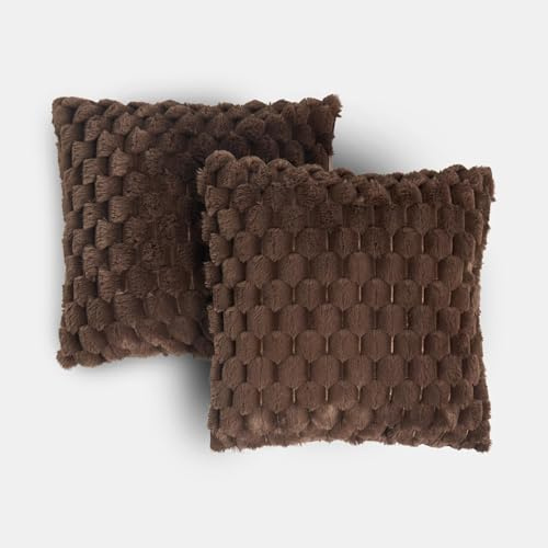 OHS Cushion Covers 45 x 45 Set of 2, Waffle Faux Fur Square Brown Cushion Covers Soft Decorative Throw Pillow Cover Sofa Cushions with Invisible Zipper Home Decor for Living Room Bedroom, Chocolate