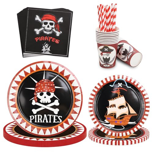 CHRI Lot de 80 décorations d'anniversaire pirate pour 16 invités, avec assiettes, gobelets, serviettes, pailles pour garçons et filles (pirate)