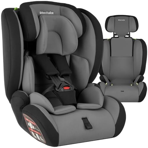 tectake® Autositz mit 5-Punkt-Gurt, i-Size Zulassung, mit Seitenaufprallschutz, Kindersitz Sitzerhöhung für Kinder von 76-150 cm, bis 36 kg, Kindersitzerhöhung, ohne Isofix - dunkelgrau/schwarz