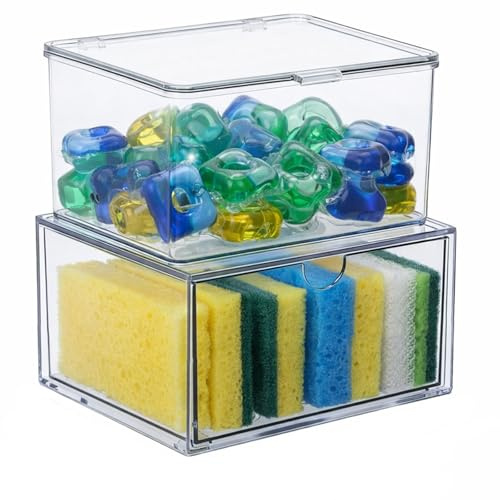 Punorric Clear Set of Dishwasher Tablet & Sponge Storage, Stackable Dishwasher Pods Drawer Organiser with Drawer or Lid for Laundry Pods, Washing Machine Cleaning Tablets and Coffee Pod