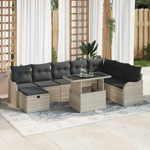 Holamys Modulares Sofa-Lounge-Set 9-teilig, Hellgrau Poly Rattan, wetterfeste Outdoor Sitzgruppe mit Kissen, Flexible Terrassenmöbel für Balkon, Gartensessel mit Stauraum