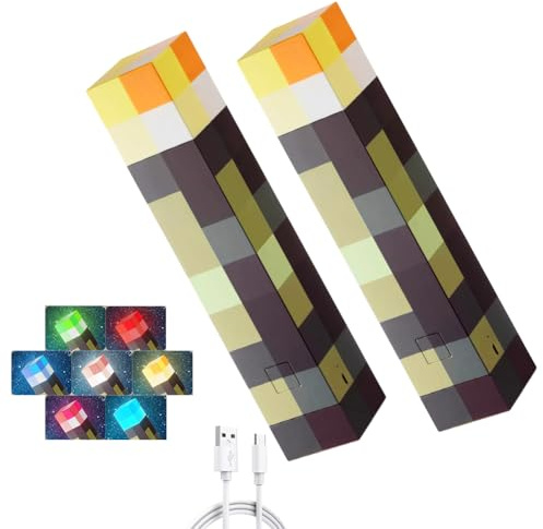 2 Stück Fackel Lampe Wandlampe Miner Craft 28cm Nachtlampe USB Wiederaufladbare, Miner Game LED Lichter 7 Farbe Hand oder Wandhalterung Beleuchtung Nachttischlampe für Geschenke, Zimmer & Party-Deko