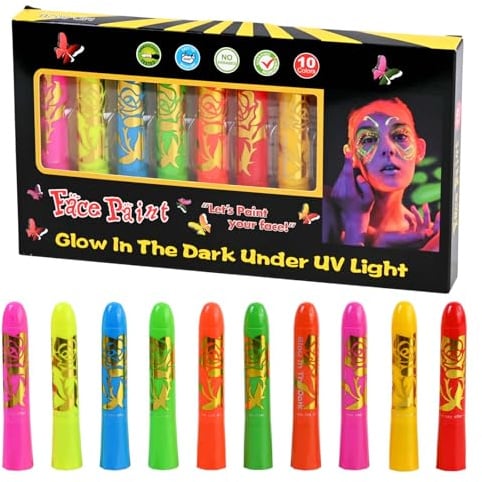 Peinture Fluorescents UV, 10 Couleurs Crayons de Peinture UV Néon pour Le Visage Et Le Corps, Maquillage Fluorescent dans le Noir pour Halloween,Carnaval,Noël