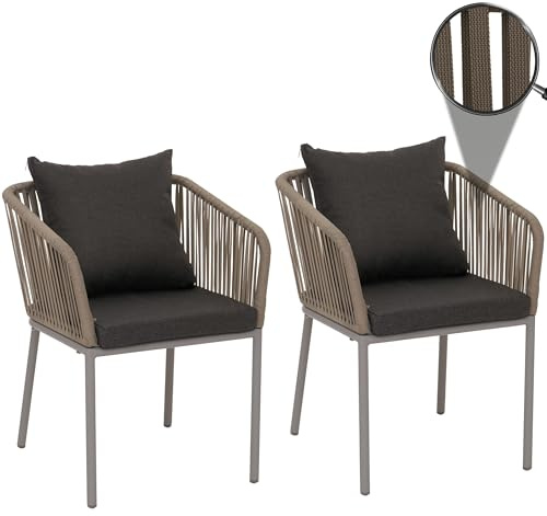 Mendler 2er-Set Gartenstuhl HWC-N41AM - grau, Kissen dunkelgrau | Outdoor, Armlehne, wetterfest Aluminium, Seilgeflecht, Rope