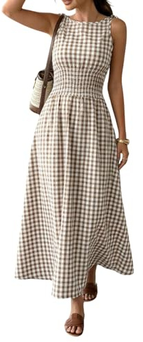 SweatyRocks Damen Casual Kleid U-Boot Ausschnitt Maxikleid mit Kariertes Muster Ärmellos Sommerkleid mit Geschnürt Freizeitkleid