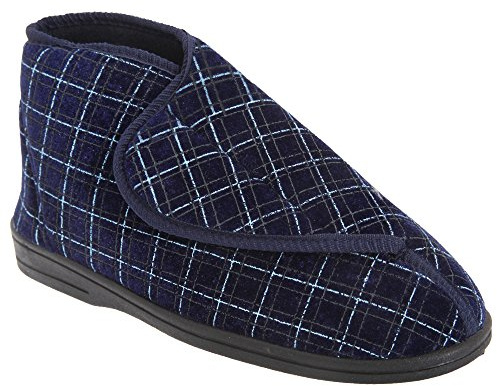Mens Navy Check Velour Washable Touch Fastening Bootee Slipper - Bertie - Navy Check - size UK Mens Size 11
