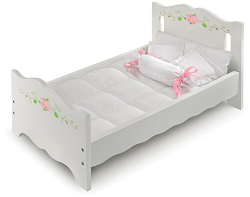 Badger Basket Wooden Doll Bed with Blanket and Pillow with Free Personalization Kit - Fits 18 to 20 Dolls - Ideal for Baby Dolls and Pretend Play Fun - White and Pink Rose Design