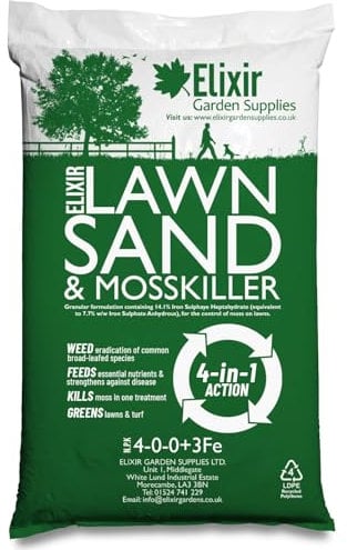 Elixir Gardens Lawn Sand & Moss Killer Treatment | Turf Green Up with Iron Sulphate | 4-0-0+3Fe | 20kg Bag | Treats over 310 sq. meters