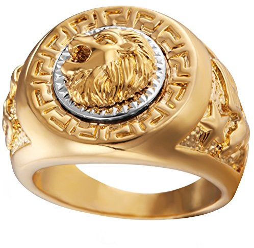 HIJONES Herren Edelstahl Golden Hip Hop Löwe Kopf Ring Signet Style Größe 54