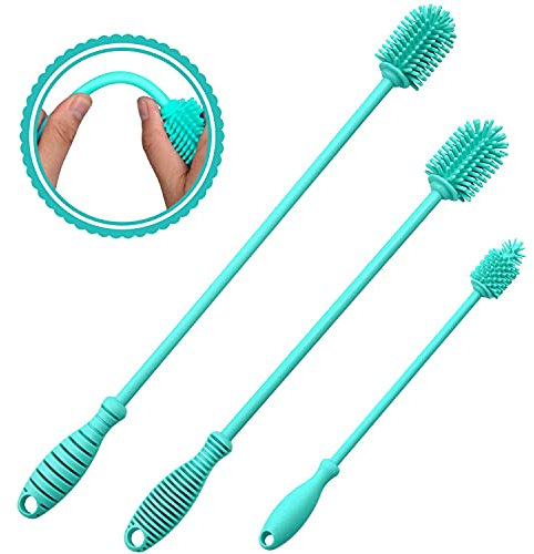 Silicone Bottle Brush Cleaner Set of 3,Long Handle Bottle Cleaning Brushes for Narrow Neck Containers, Water Bottles, Thermos, Hydro Flasks, Coffee Mugs,Baby Bottles (Blue)