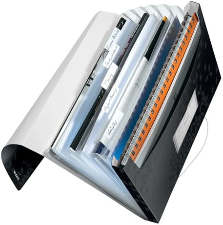 Leitz A4 Projektmappe für bis zu 200 Blatt, 6 Fächer mit Taben zur Ordnung des Inhalts, Gummibandverschluss, Schwarz, WOW, 45890095