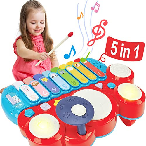 Hahaland 5 in 1 Baby Musikspielzeug Ab 1 2 3 4 5 Jahr - Xylophon und Trommel Spielzeug Ab 18 Monate für Mädchen und Junge