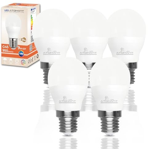 LED ATOMANT Pack 5x Bombilla LED E27 G45 9W. Color Blanco Neutro (4500K). 950 lumenes. Casquillo grueso. Equivalente 95W tradicional.