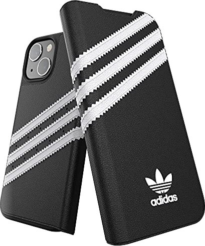 adidas Originals Compatible with iPhone 13 Mini Case, 5.4 inches, Drop Tested Cases, Shockproof Raised Edges, Premium Protective Booklet Cover, Black with White Stripes