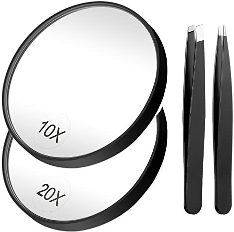 Funtopia Magnifying Mirror and Tweezers Kit, 20X/10X Magnifier Compact Mirrors with 2 Suction Cups, Travel Mirror for Makeup, Eyebrow Tweezing, Blackhead Blemish Removal (3.5 Inch, Black)