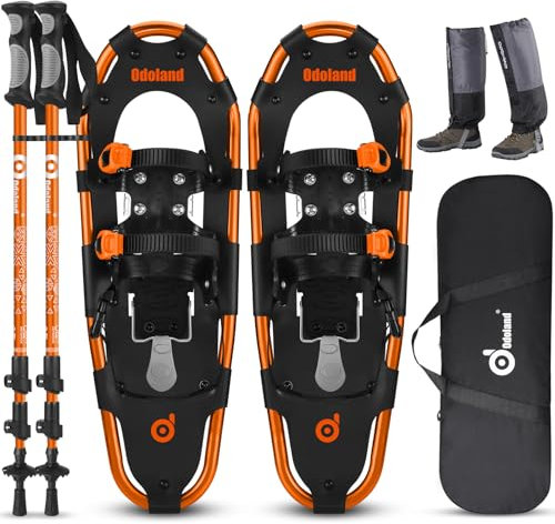 Odoland Schneeschuhe mit Steighilfe Allround 4 IN 1 für Damen und Herren mit Wanderstöcken, Wasserdichten Gamaschen und Tragetasche, ab Schuhgröße 30 INCH Orange