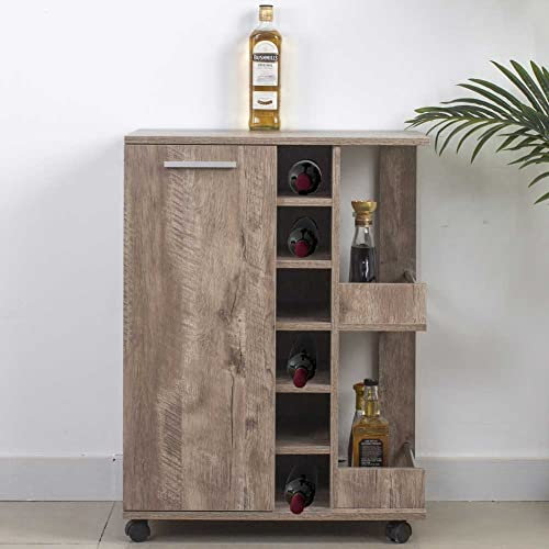 BAKAJI Mobile Angolo Bar Cantinetta Da Terra Mensola Porta Bottiglie Vino Liquori Cantina in Legno 6 Posti Portabottiglie Con Porta e Maniglia in Metallo 2 Ripiani Laterali (Tortora)