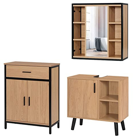 EUGAD Badezimmer Badmöbel Set Waschbeckenunterschrank Unterschrank Badezimmerschrank mit Spiegelschrank Hängeschrank für Bad, Badkommode Metall + Holz Model 16