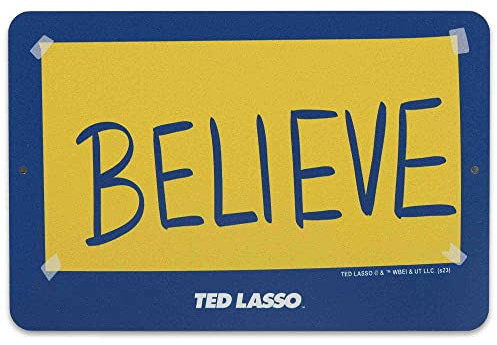 Open Road Brands Ted Lasso Believe Metal Sign - Small Ted Lasso Sign for Man Cave, Office or Bedroom, Gold/Blue