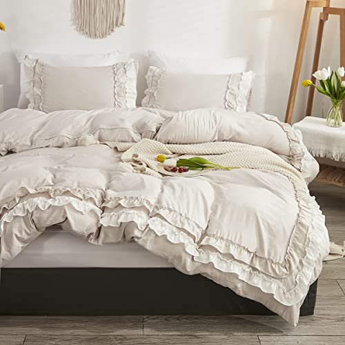 Sedefen Bettwäsche 200x200cm Beige mit Weiß Rüschen Bettbezug Romantisch Uni Einfarbig Mädchen Mikrofaser ÖKO-TEX Deckenbezug mit Reißverschluss und 2 Kissenbezüge 80x80cm für Doppelbett