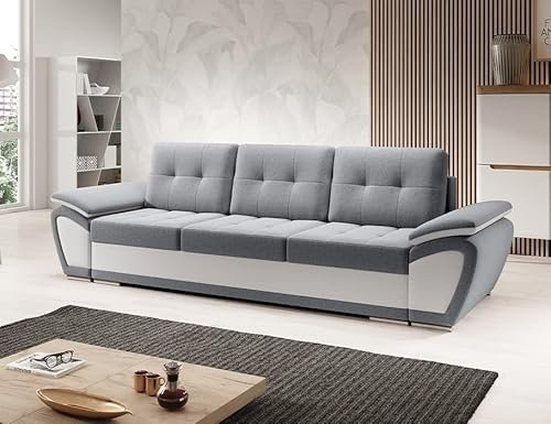 MODERNO Enzo 3-Sitzer Sofa mit Schlaffunktion Couch Schlafsofa mit Bettkasten Schlafcouch Moderne Möbel ins Wohnzimmer Sofagarnituren Veloursstoff Steppsofa Grau Weiß